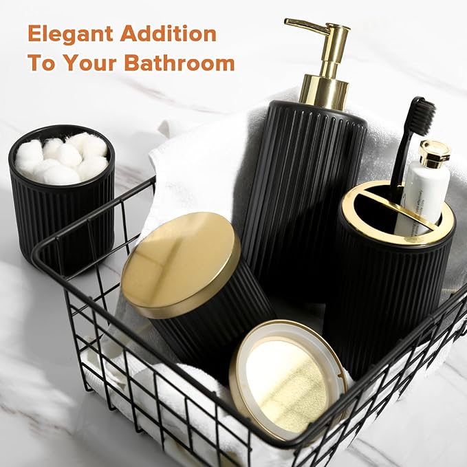 Matte Black and Gold Bathroom Accessories Set, 4 Pack Glass Bath Accessory Sets Complete, Ribbed Soap Dispenser and Toothbrush Holder Set with 2 Qtip Holders, Modern Gold Bathroom Decor