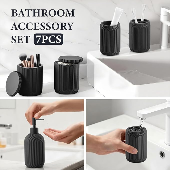 Bathroom Accessories Set - 7-Piece Resin Bathroom Set, Toothbrush Holders Set, Soap Dispenser, Qtip Holder Dispenser, Tumbler, Soap Dish & Tray, Modern Bath Decor for Home Dorm Hotel (Black)