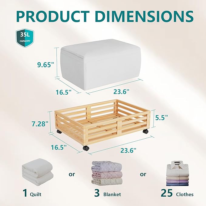 Wisuce Bamboo Under Bed Storage Containers- Underbed Organizer with Wheels with Large Dust Bag,Sturdy Wood Rolling Under the Bed Shoe Storage Organizer Drawer 2 Packs (Nature, Small)