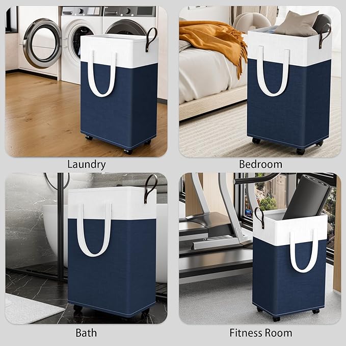 HomeHacks 75L Rolling Laundry Basket with Wheels, Collapsible & Waterproof Laundry Hamper, Mobile Clothes Hamper, Storage Laundry Bins with Handles for Laundry Room, Bedroom, Bathroom & Dorm, Blue