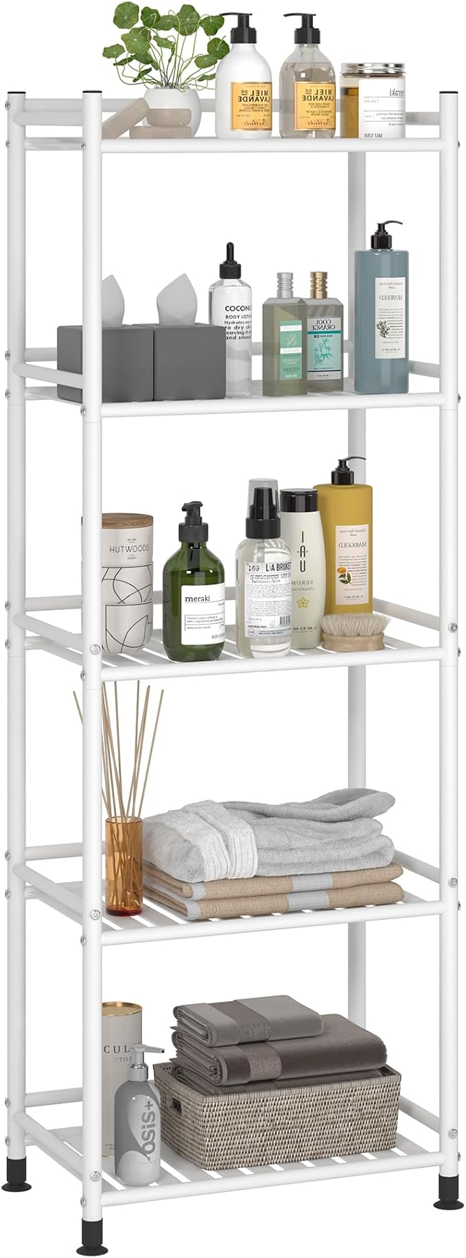 5 Tier Bathroom Storage Open Shelf Unit, Free-Standing Metal Corner Rack Shelving for Kitchen, Living Room, Hallway (White, Wider 5 Tier)