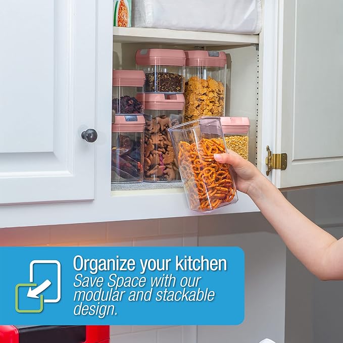 Set of 7 Airtight Food Storage Containers - Pantry Organizer Bins, BPA Free Plastic Containers plus Dry Erase Marker and Labels, Pink