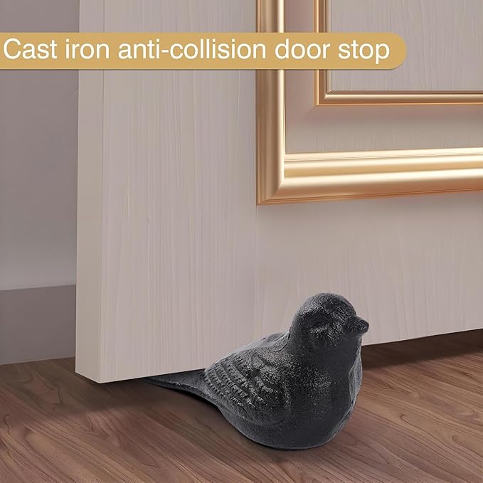 Cast Iron Bird Heavy Duty Door Stopper - Avoid Drilling Holes with Handle Metal Antique Decorative Vintage Rustic Door Stopper for Office, Home， Bedroom and Exterior Doors (2, Black)
