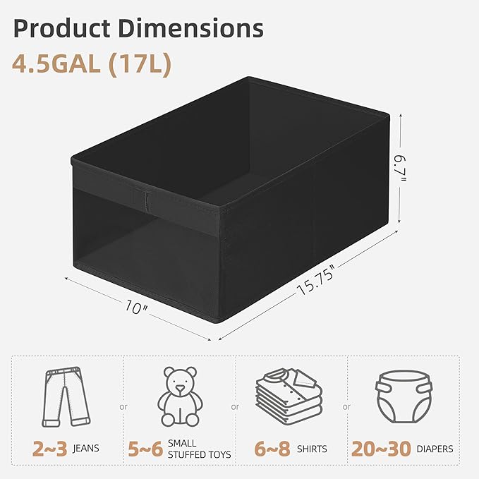 STORAGE MANIAC 6 Pack Storage Bins with Clear Window, Storage Boxes for Shelves, Sturdy Foldable Closet Organization Fabric Shelf Basket for Toy, Towel, Book, Jeans, Offices, Dorm, Wardrobe, Black