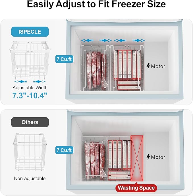 iSPECLE Freezer Organizer Bins - 4 Pack Adjustable Width for 5 to 7 Cu.Ft Chest Freezers, Stackable Wire Storage Baskets for Deep Freezer Organization, Assembly Required, White