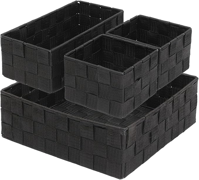 Woven Storage Baskets Set of 4, Stackable Fabric Storage Bins with Metal Frame for Closet, Shelf, Drawer, Nursery, and Office Organization – Polypropylene Organizer Boxes, Black
