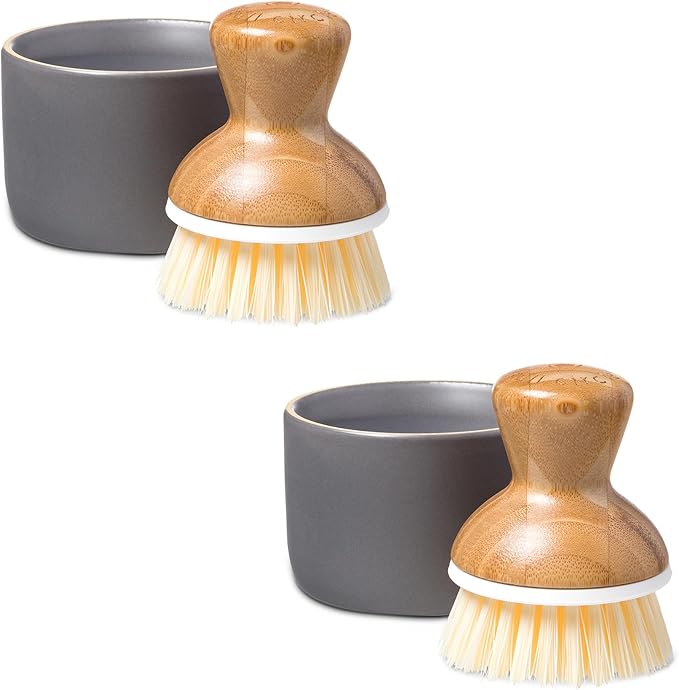 Full Circle Bubble Up- Eco-Friendly Bamboo Dish Brush & Ceramic Soap Dispenser - Natural Scrub Set for Dishes, Cast Iron - Kitchen Cleaning with Handle, Gray - 2 Pack