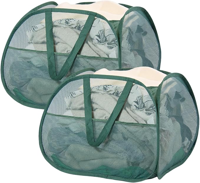 Collapsible Laundry Basket, 90L Foldable Pop Up Laundry Hamper with Handles, Mesh Dirty Clothes Hamper for Laundry, Bathroom, Kids Room, Dorm,Travel or Camping (Green, 2PCS)