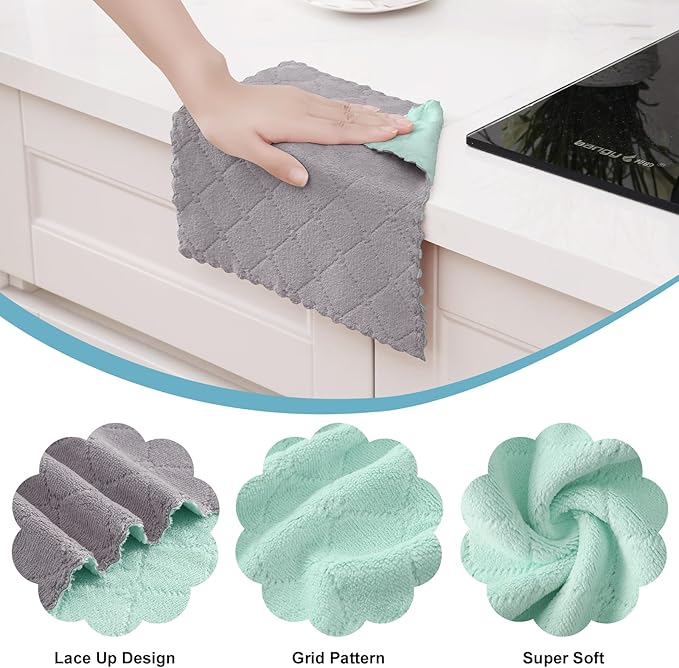 Homaxy 12 Pack Kitchen Cloths Dish Towels (10" x 10", Grey & Green), Super Soft and Absorbent Dish Cloths, Coral Velvet Microfiber Cleaning Cloth, Nonstick Oil Fast Dry Dishcloths