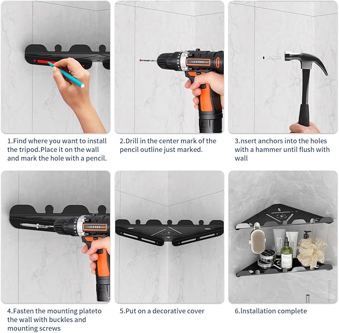 LLLFTJ 2 Pack Corner Shower Shelf, 10" 304 Stainless Steel Modern Corner Shower Shelf for Inside Shower, Heavy Duty Shower Caddy Organizer with Razor Hole, Drilling Installation (Black, 10")