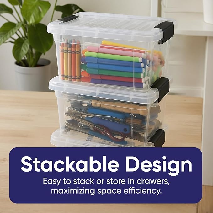 Superio Mini Storage Container Plastic Crayon Box Art Supplies and Sewing Case Stackable Clear Small Organizer for Beads, Stationery, Chalk, and Food, 1.4 Quart, 3 Pack