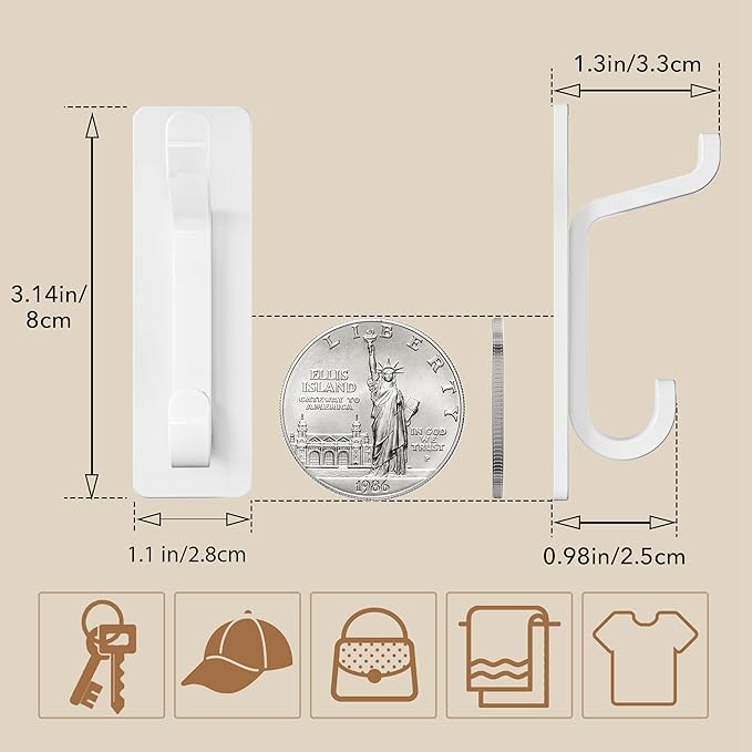 pickpiff Wall Hooks for Coat and Towel: 13LB Strong Adhesive Door Hanger Stick on, White 6 Pack