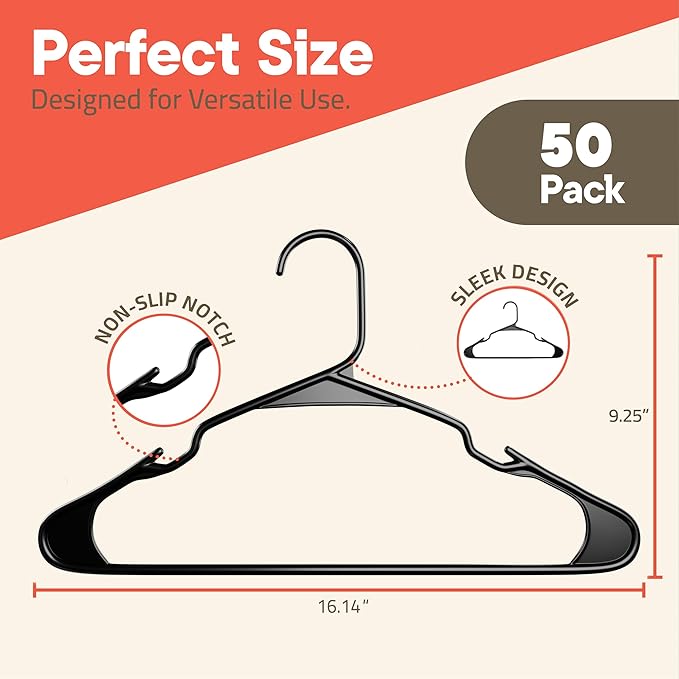 Black Plastic Hangers 50 Pack– Heavy-Duty Plastic Hangers Slim and Space-Saving, Durable and Lightweight PP with Non-Slip Shoulder Notches for Slip Dresses, Suits, Jackets & Camisoles