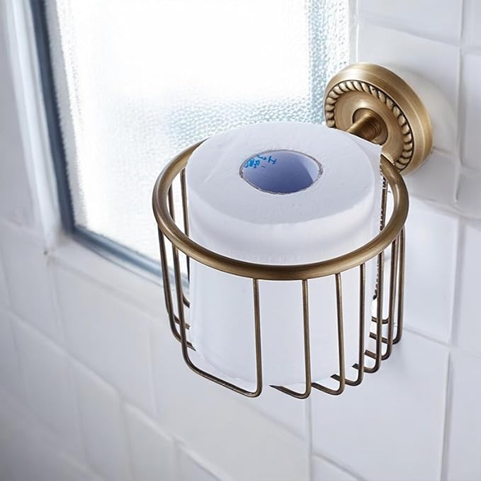 Vintage Bronze Wall Mounted Toilet Paper Holder – Antique Brass Bathroom Accessories Tissue Dispenser with Stable Metal Stand, Wire Basket Storage Rack - for Roll with Diameter <5inch Only