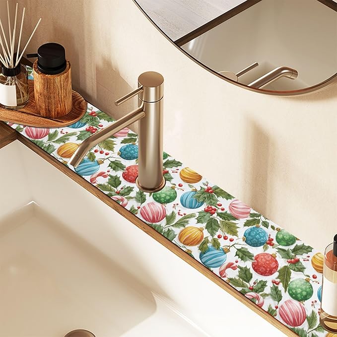 Christmas Baubles Holly Bells Sweet Kitchen Sink Splash Guard Sink Faucet Mat Faucet Handle Drip Catcher Drain Mats for Kitchen Bathroom Countertop Absorbent Dish Drying Pad 2Pack 1