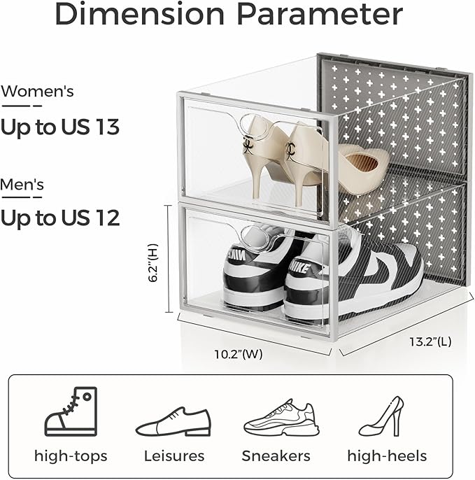 Pinkpum 18 Pack X-Large Shoe Storage Boxes Fit Size 12, Shoe Organizer for Closet Clear Plastic Stackable Shoe Dispaly Case Holder Bins, Sneaker Storage for Sneakerheads Grey