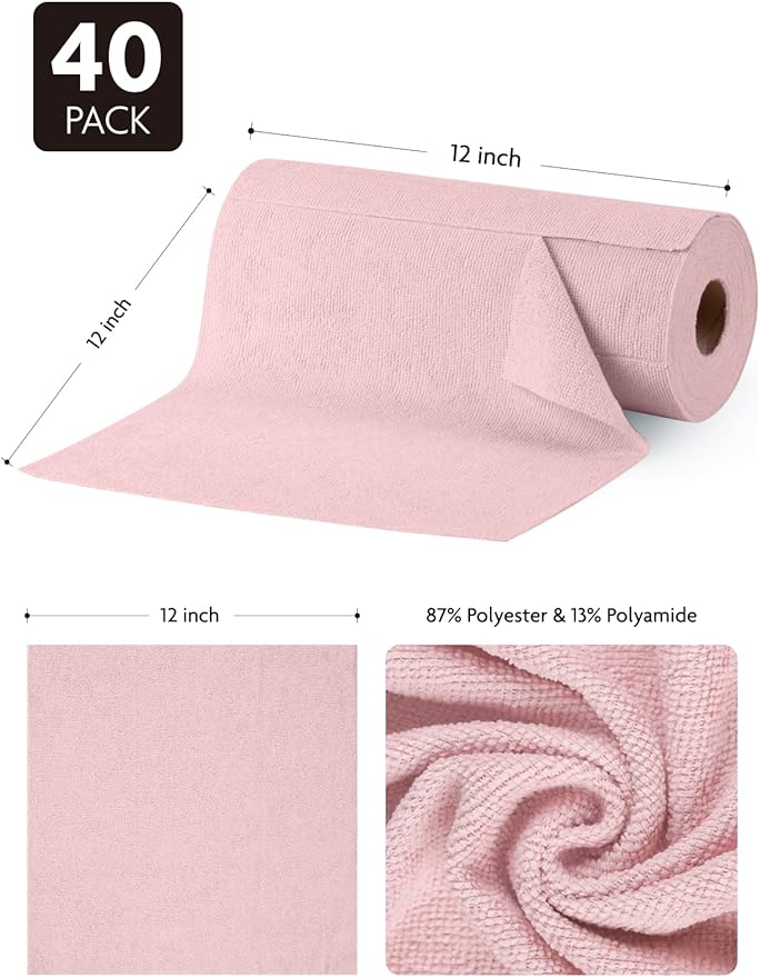Fantasticlean Microfiber Cleaning Cloth Roll -40 Pack, Tear Away Microfiber Towels, 12" x 12", Reusable, Washable, Lint Free, Ultra Absorbent Dishcloth for Car, Pet, Kitchen Cleaning Supplies (Pink)