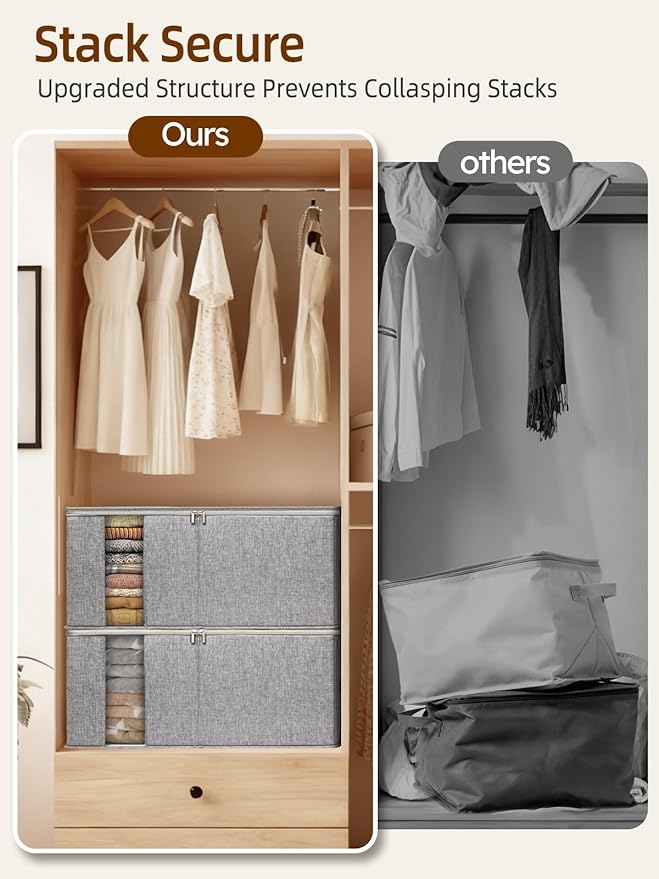 boailydi 90L King Size Comforter Storage Bag w/Rigid Panels, Large Blanket Organizer for Closet, Stackable & Foldable Container w/Clear Window & Smooth Zippers for Bedding Sets/Clothes, 2 Pack, Gray