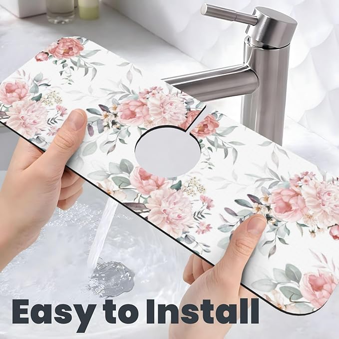 Peony Peonies Pink Flowers Leaves Watercolor Floral Kitchen Sink Splash Guard Faucet Mat Super Absorbent Fast Drying Mat Sink Gadgets-Fast Drying Pad Sink Mat For Kitchen Bathroom (15" X 5.5" )