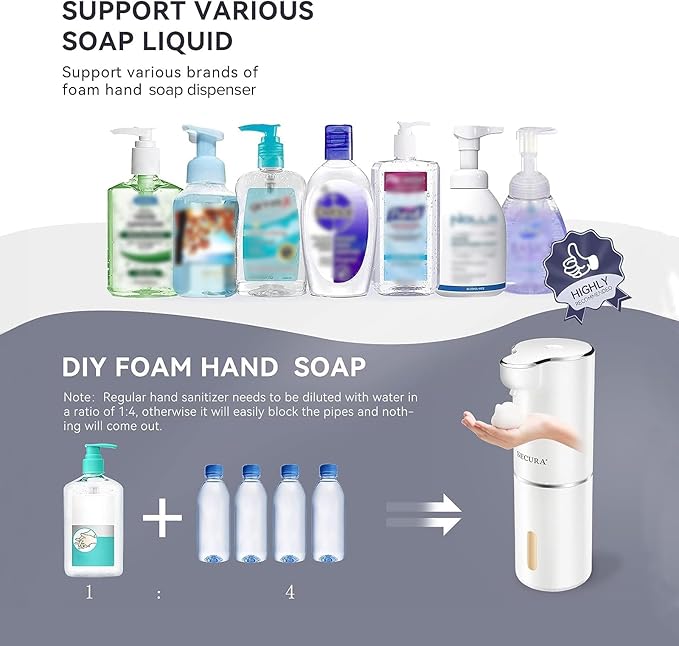 Secura Foaming Soap Dispenser, 10oz/300ml Touchless Automatic Dispenser with Adjustable Volume Control, Rechargeable Hands Free Dispenser for Kitchen, Bathroom