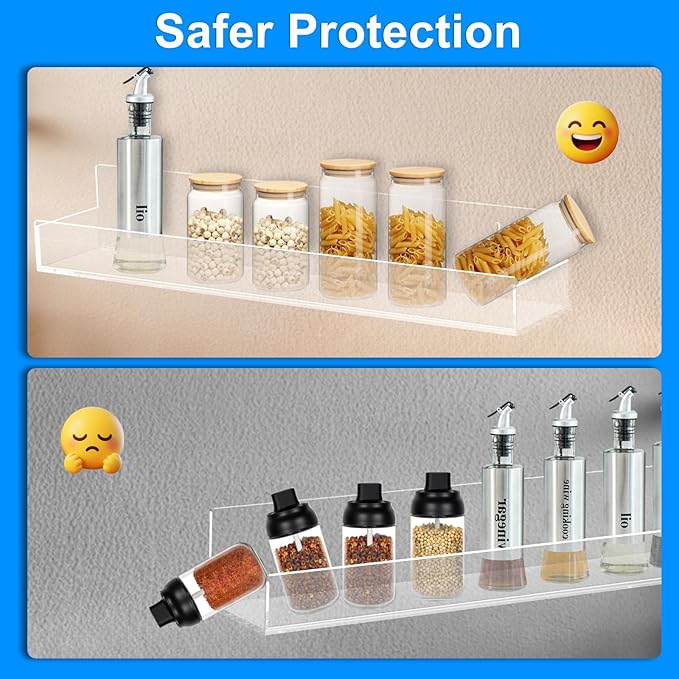 Clear Acrylic Spice Rack Wall Mounted 15 inch Floating Shelf with Removable End Guards for Kitchen Cabinet Door Cupboard Bathroom Holds Jars Nail Polish Books Toiletries (4 PCS)