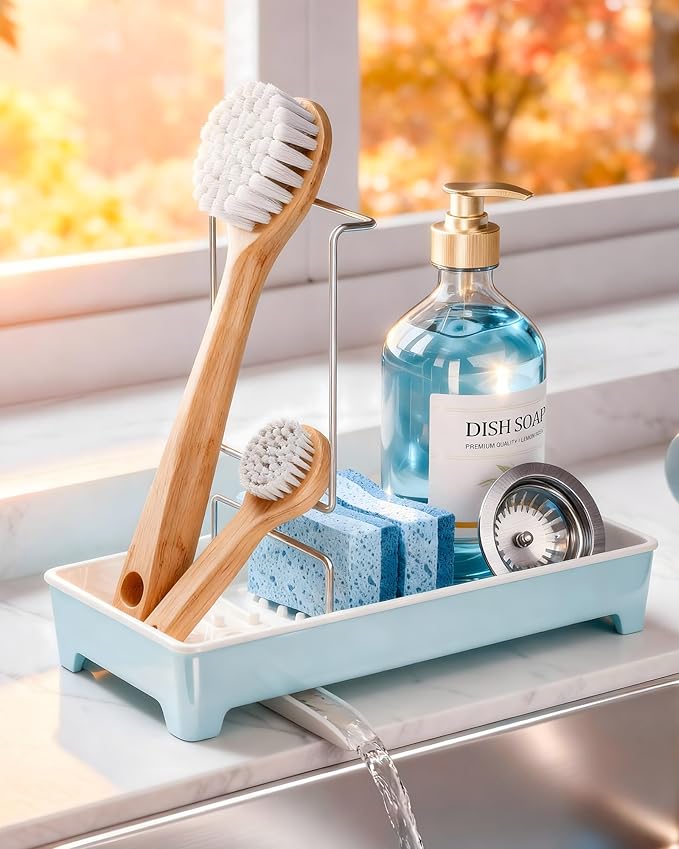 Minimalist Sink Caddy, Rustproof Sponge Holder for Kitchen Sink with 304 Stainless-Steel Brush Holder, Countertop Rack Organizer with Raised Ridges & Silicone Drain Tube (Pastel Blue)