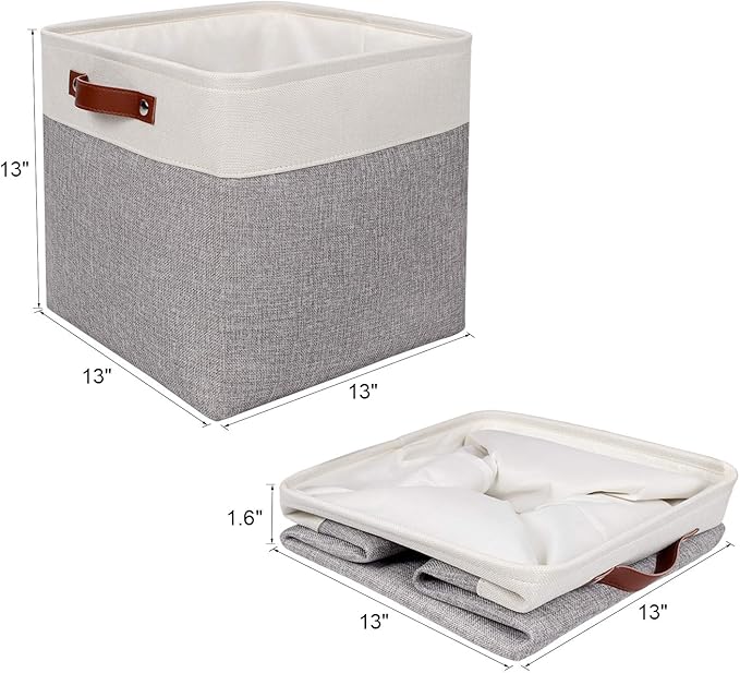 Univivi 13x13x13 Fabric Cube Bins with Hard Bottom,4 Pack Storage Baskets with PU Handles for Closet Foldable Storage Bins for Organizing,Gray