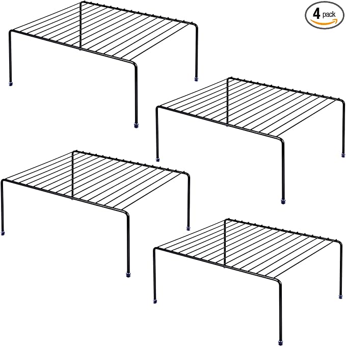 Medium (13.1 x 10.2 Inch) Cabinet Storage Shelf Rack , Kitchen Shelves，Kitchen Counter and Cabinet Shelf, Storage Rack Organizer for Kitchen, Fridge, Cabinet, Bathroom Cupboard& Pantry (4, Black)