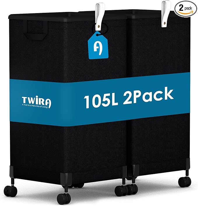 2Pcs Laundry Basket with Wheels 105L, Large Rolling Laundry Hamper with Removable Bag, Metal Frame Collapsible Dirty Clothes Bin, Cloth Organizer Hampers Pull Handle for Bathroom, Dorm, Bedroom Black