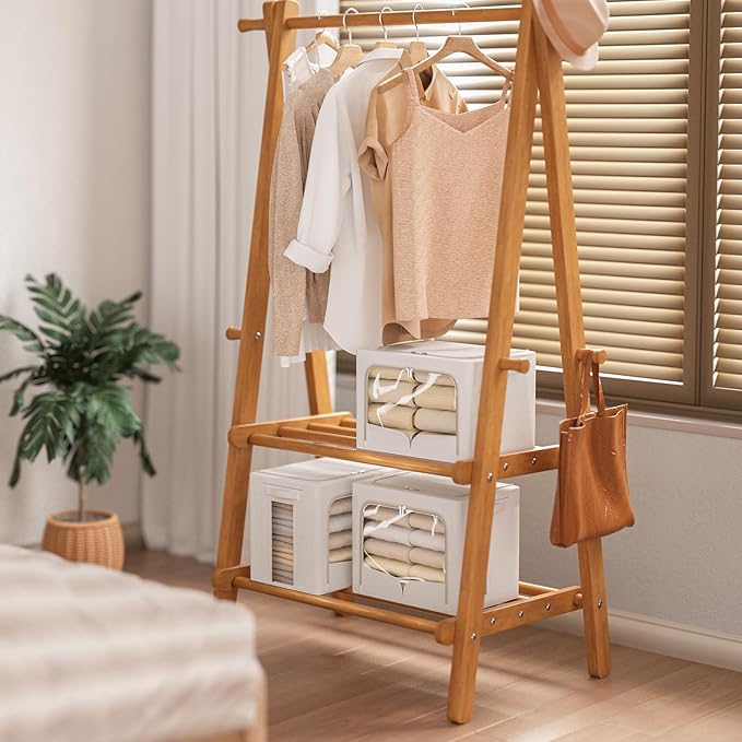 FHSQX 3 Pack Clothes Storage Bins Foldable Metal Frame Storage Box Stackable Linen Fabric Container Organizer Set with Carrying Handles and Clear Window (Cream White, 23.6x16.5x15.7inch(100L))