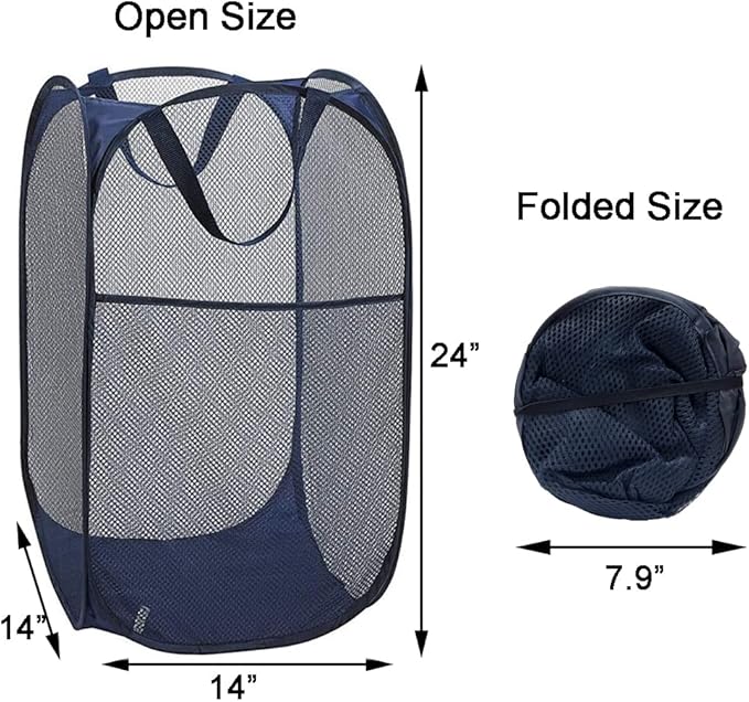 2 Pack Mesh Laundry Hampers, Pop Up Laundry Baskets, Collapsible Clothes Storage Bins for Bedroom, Dormitory, Apartment, Grey+ Navy Blue