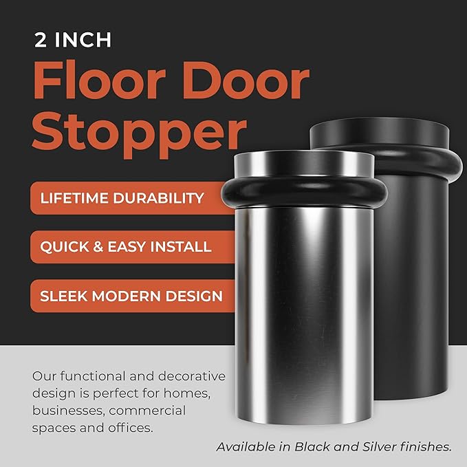 NYCO - Floor Door Stopper Chrome Door Stop - Classy Solid Steel Modern Heavy Duty Door Stoppers - Floor Mount Anchor Screw - Wall Protector for Commercial Door (2 Inch Satin Chrome Finish)