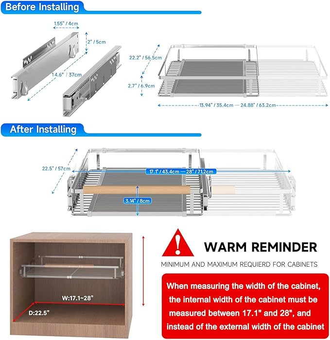 LOCVCDA Pull Out Shelves for Kitchen Cabinet, 17.1~28" W x 22.5" D Expandable Slide Out Drawers for Kitchen Organizers and Storage, Pull Out Cabinet Organizer, Stainless Steel, 2Pack