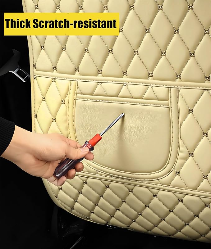 Leatherette Car Seat Protector - 2 Pack Large Car Kick Mats with Storage Pockets Organizer Seat Back Cover Against Dirty Shoes & Scratches, Universal Fit for Most Vehicles, Beige