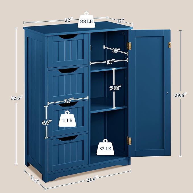 Yaheetech Wooden Bathroom Floor Cabinet, Side Storage Organizer Cabinet with 4 Drawers and 1 Cupboard, Freestanding Entryway Storage Unit Console Table, Bathroom Furniture Home Decor, Navy Blue