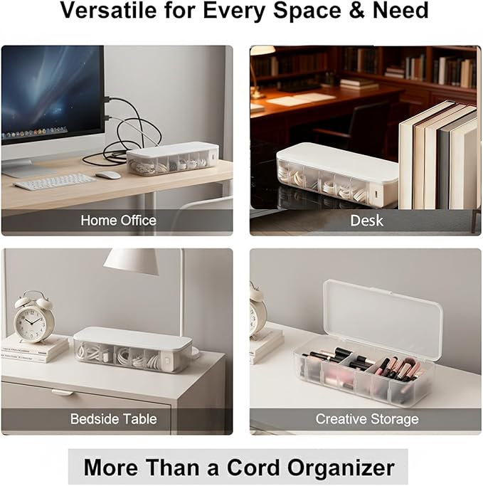 Cord Organizer Box with Lid, 7 Compartment Cable Management with 7 Wire Ties, Dustproof Cable Storage Box for Office & Home, Wire Hider for Computer Desk, Charger Cables, Power Cords (2pack)