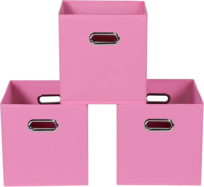 Fabric storage bins Cubes, Fabric Cube Organizer with Handle, Foldable Cube Bins for Cloth or Accessary Storage, 11x11x11, Set of 3, (Pink)