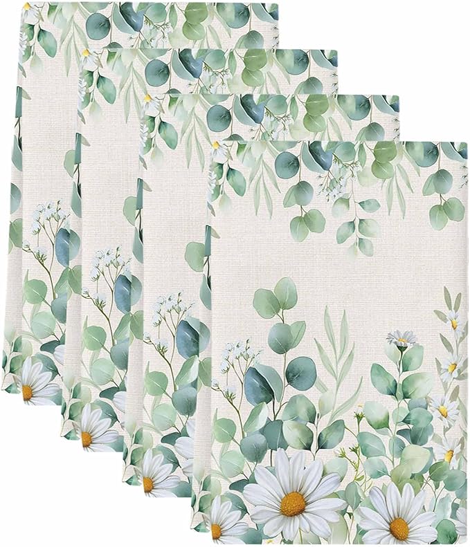 Kitchen Towels Set of 4, Green Eucalyptus Leaves Soft Microfiber Dish Towels, Daisy Summer Botanical Watercolor Absorbent Washable Dishcloths for Kitchen Cleaning, Drying Dishes, 18x28 Inches