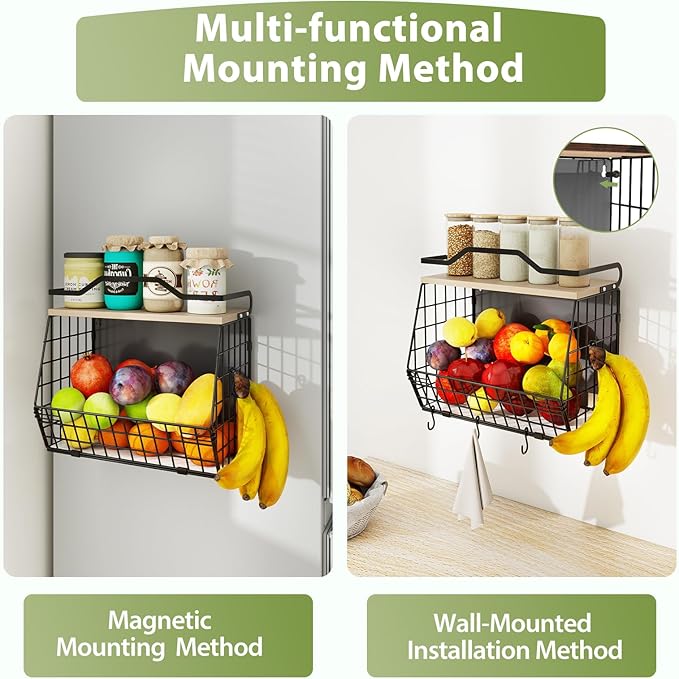 Magnetic Shelf for Fridge with Wood Lid, 2 Tier Fruit Baskets Wall Mounted Hanging Basket with 4 Hanger Hooks, Potato and Onion Magnetic Storage Bins for Kitchen Counter, Refrigerator, Cabinet