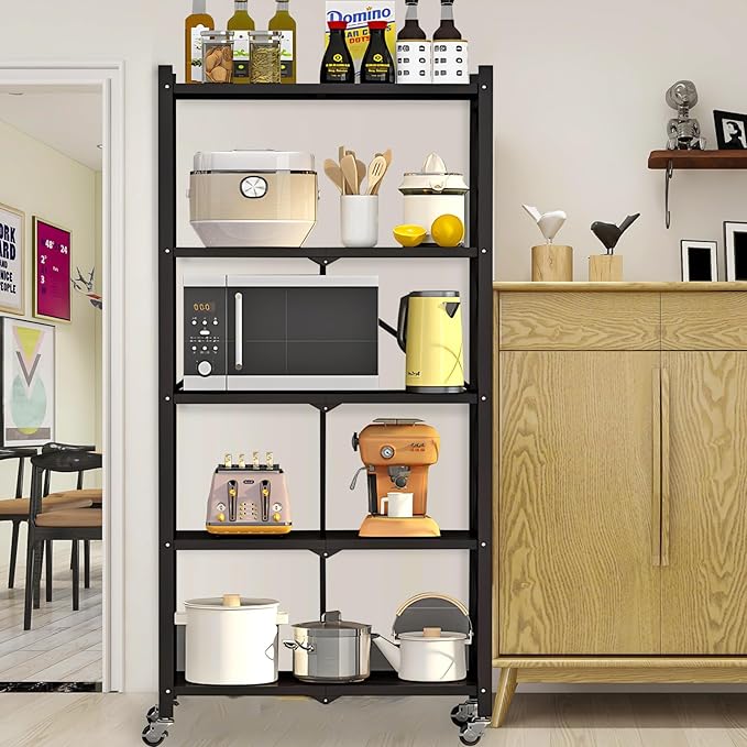 Heavy Duty 5-Tier Foldable Storage Shelf with Locking Wheels, No Assembly Metal Shelving Unit, Space-Saving Organizer for Garage, Kitchen, Basement, Pantry, 28" x 14" x 62", Black (2)