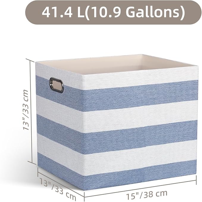 13x15x13 Storage Cube Bins, Foldable Storage Cubes, Fabric Organizer Basket Bin, Striped Containers Decorative Storage Boxes for Shelves Wardrobe Closet Home Office, 4 Pack, Blue/White