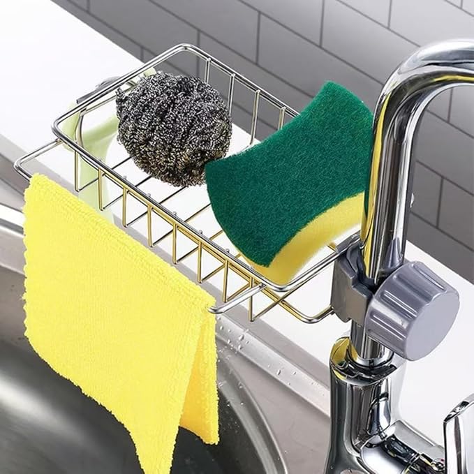 Sponge Holder for Kitchen Sink, Silver Stainless Steel Sink Organizer, Drying Rack for Sponges and Bottles