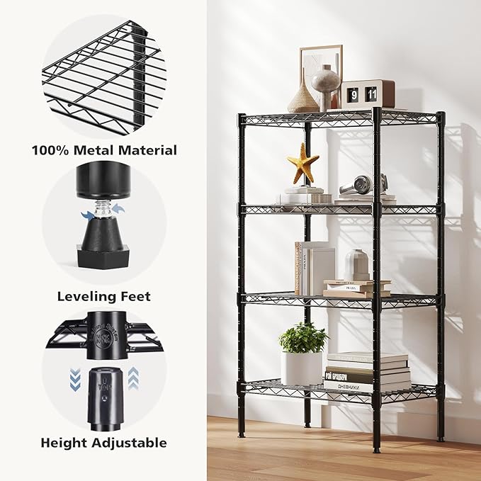 DUMOS 4-Tier Metal Wire Storage Shelves, Adjustable Standing Storage Rack Shelf, Heavy Duty Steel Shelving Unit Organizers for Kitchen Bathroom Pantry Garage, 23.2" W×13.4" D×47.2" H, Black