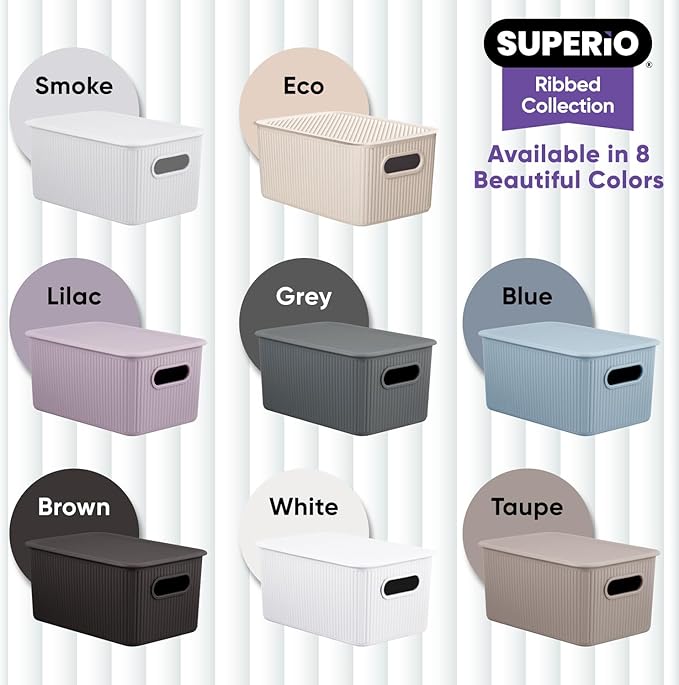 Superio Ribbed Collection - Decorative Plastic Basket Open Home Storage Bins Organizer, Blue Container Boxes for Organizing Closet Storage Bins for Shelves (Bin with Lid- Medium (5 Liter), 1 Pack)