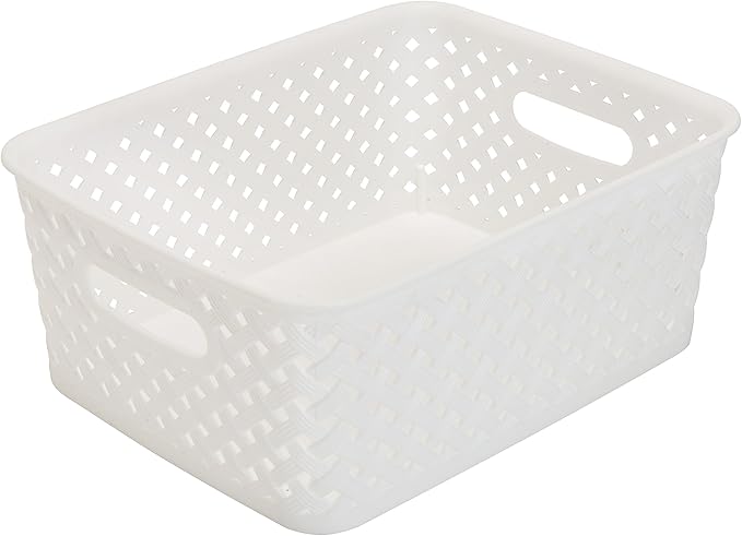 Simplify Small Resin Wicker Tote | Storage Bin | Plastic Organizer | Carrying Handles | Bathroom | Pantry | Accessories | Cleaning Products | White