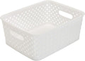 Simplify Small Resin Wicker Tote | Storage Bin | Plastic Organizer | Carrying Handles | Bathroom | Pantry | Accessories | Cleaning Products | White