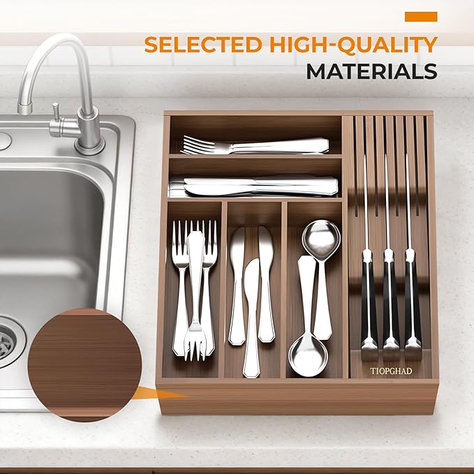 Small-Bamboo-Silverware-Drawer-Organizer, Expandable Utensil Kitchen Cutlery Tray Flatware Organization Wood Tableware Dividers Storage (with Removable Knife Block)(Brown)