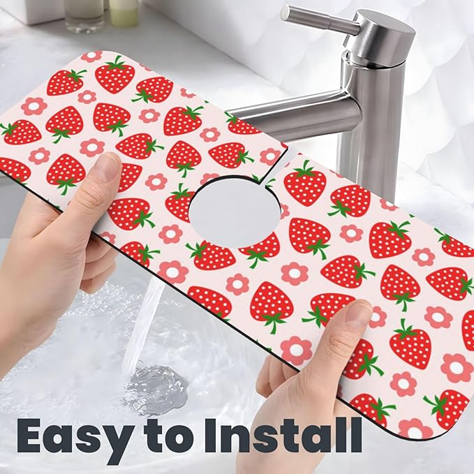 Faucet Draining Mat For Kitchen Sink, Pink Strawberry Diatom Mud Absorbent Drain Pad For Bathroom Kitchen Sink Splash Guard Drying Mat
