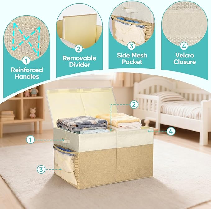 BALEINE Fabric Storage Bins with Lid, Collapsible Extra Large Storage Boxes Bins Baskets with Divider for Home Organizing (25"x13"x16", Khaki)