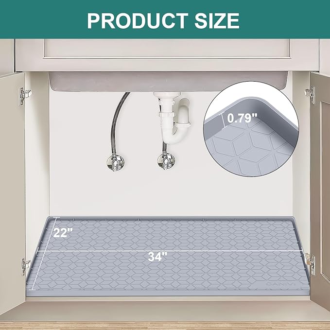 Under Sink Mat, 34" x 22" Waterproof Silicone Under Sink Tray for Kitchen & Laundry Cabinets, Kitchen Cabinet Shelf Protector, Up to 3.3 Gallons Liquid, Fits 36 inch Standard Cabinet Light Grey